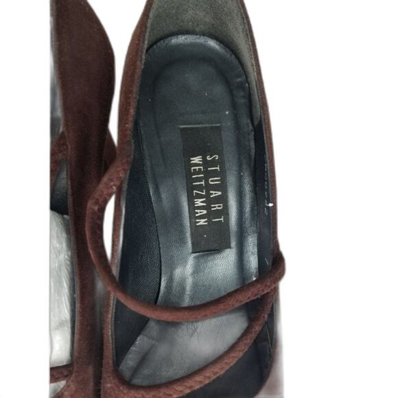 90S Vintage Brown Suede Leather Stuart Weitzman Mary Jane Pumps Block Heels - Picture 3 of 9